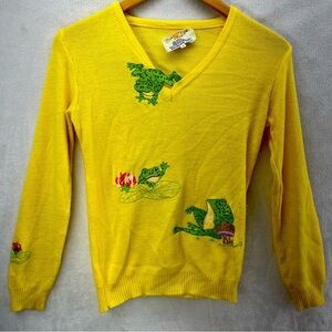 Vintage 1960's-70's Yellow Cyn Les Frog Patch Sweater Size Small